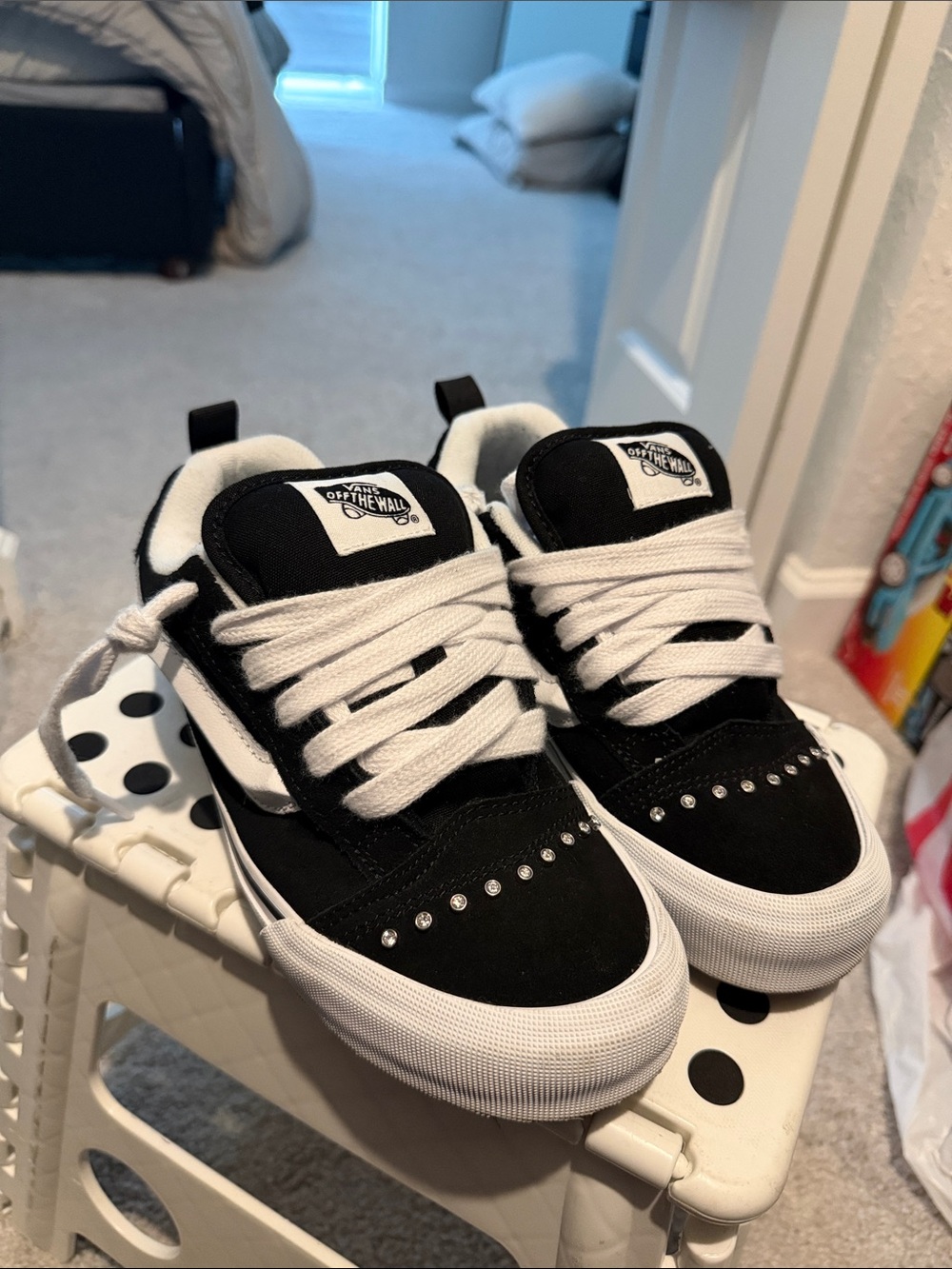 Vans Black & White Suede Skate Sneakers with Rhinestone Accents